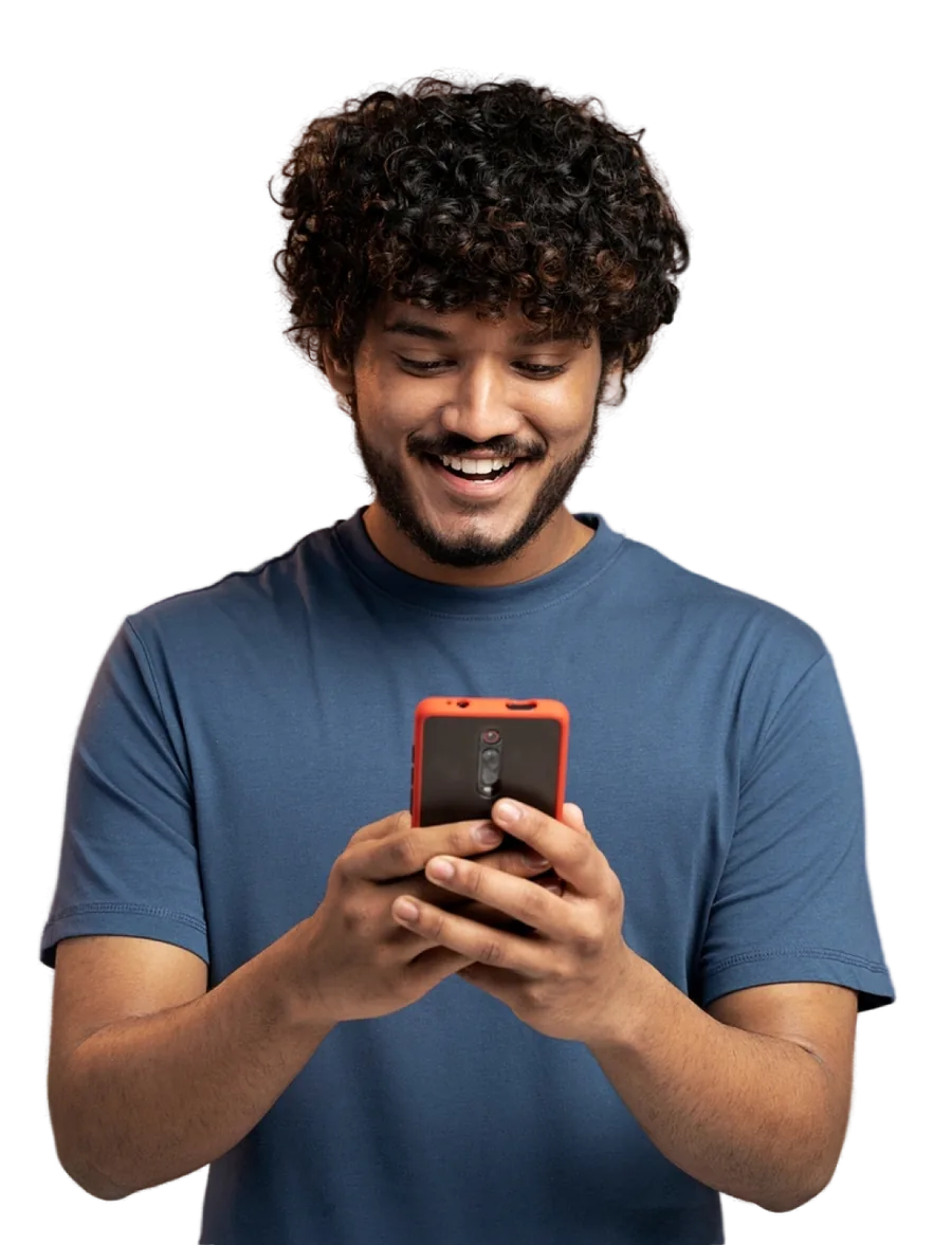 Smiling customer checking a loan offer on his phone